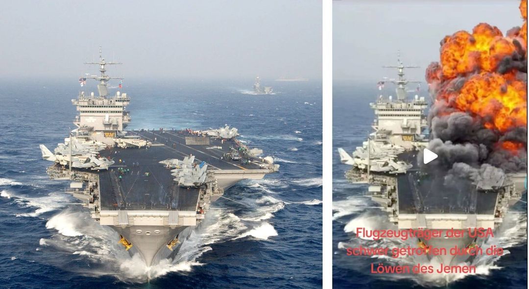 Links eine echte Aufnahme eines US-Flugzeugträgers – es ist aber nicht die USS Eisenhower. Daneben sieht man dasselbe Bild, aber mit einer Explosion an Bord.