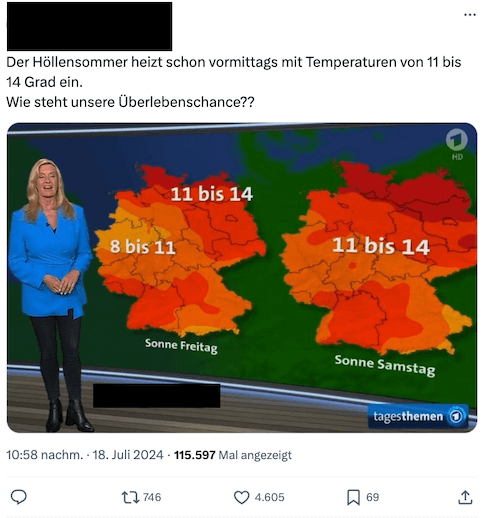 Jemand teilt die Karte auf X und schreibt von einem „Höllensommer".