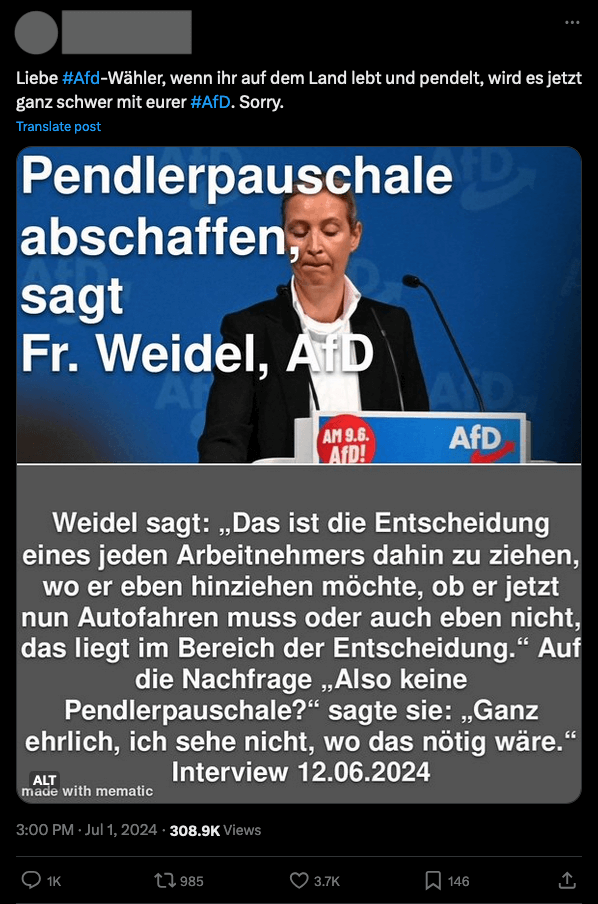 Dieses Sharepic verbreitet sich aktuell in Sozialen Netzwerken. Die Aussage stammt tatsächlich von Alice Weidel, ist jedoch nicht mehr aktuell. (Quelle: X; Screenshot und Schwärzung: CORRECTIV.Faktencheck)