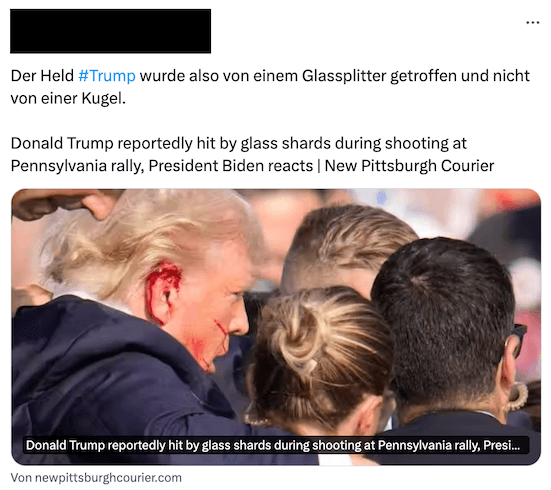 In einem X-Beitrag wird behauptet, Trump sei von einem Glassplitter, nicht von einer Kugel getroffen worden.