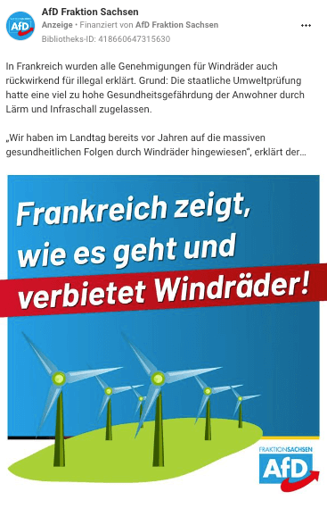 Unter anderem behauptete die AfD-Fraktion Sachsen im März 2024 fälschlich, dass Frankreich Windräder verboten habe (Quelle: Facebook; Screenshot: CORRECTIV.Faktencheck)