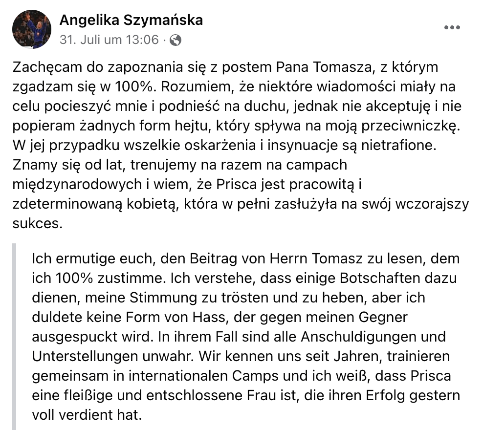 Auf Facebook bezieht die polnische Judoka Angelika Szymańska Stellung gegen die haltlosen Vorwürfe gegen Awiti Alcaraz