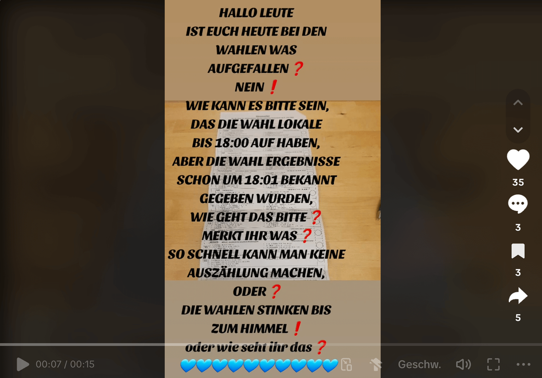 Auf Tiktok zweifelt ein Account an, dass die Wahlen in Sachsen und Thüringen korrekt abgelaufen sind. Er verwechselt dabei allerdings Wahlergebnis und Wahlprognose.