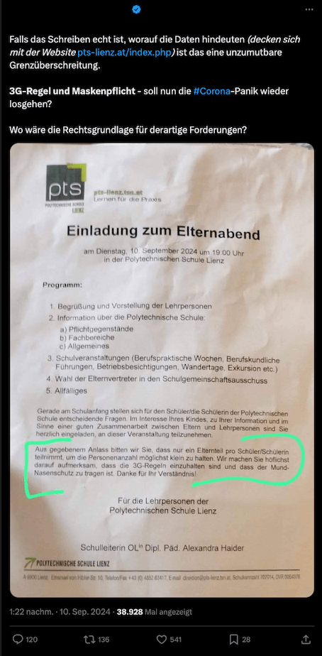 Ein Beitrag mit der Einladung zum Elternabend auf X