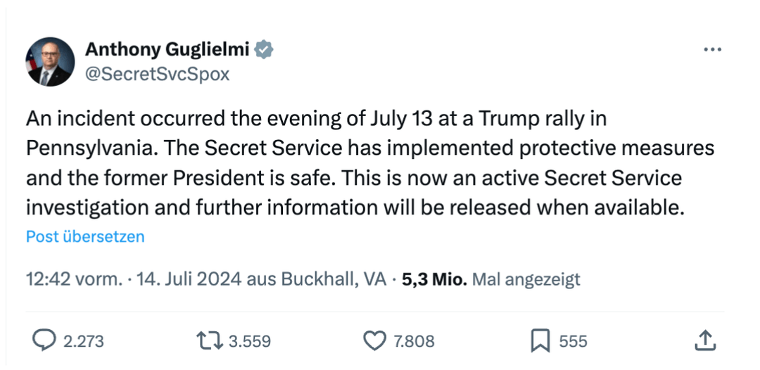 Der Secret Service sprach rund 30 Minuten nach den Schüssen ebenfalls von einem „Vorfall“, wie ein X-Beitrag des Kommunikations-Chefs zeigt (Quelle: X; Screenshot: CORRECTIV.Faktencheck)