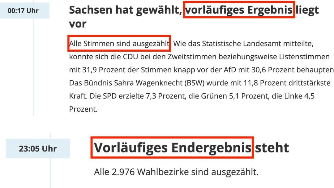 In Sachsen stand das vorläufige Endergebnis um 0:17 Uhr fest, in Thüringen um 23:05 Uhr