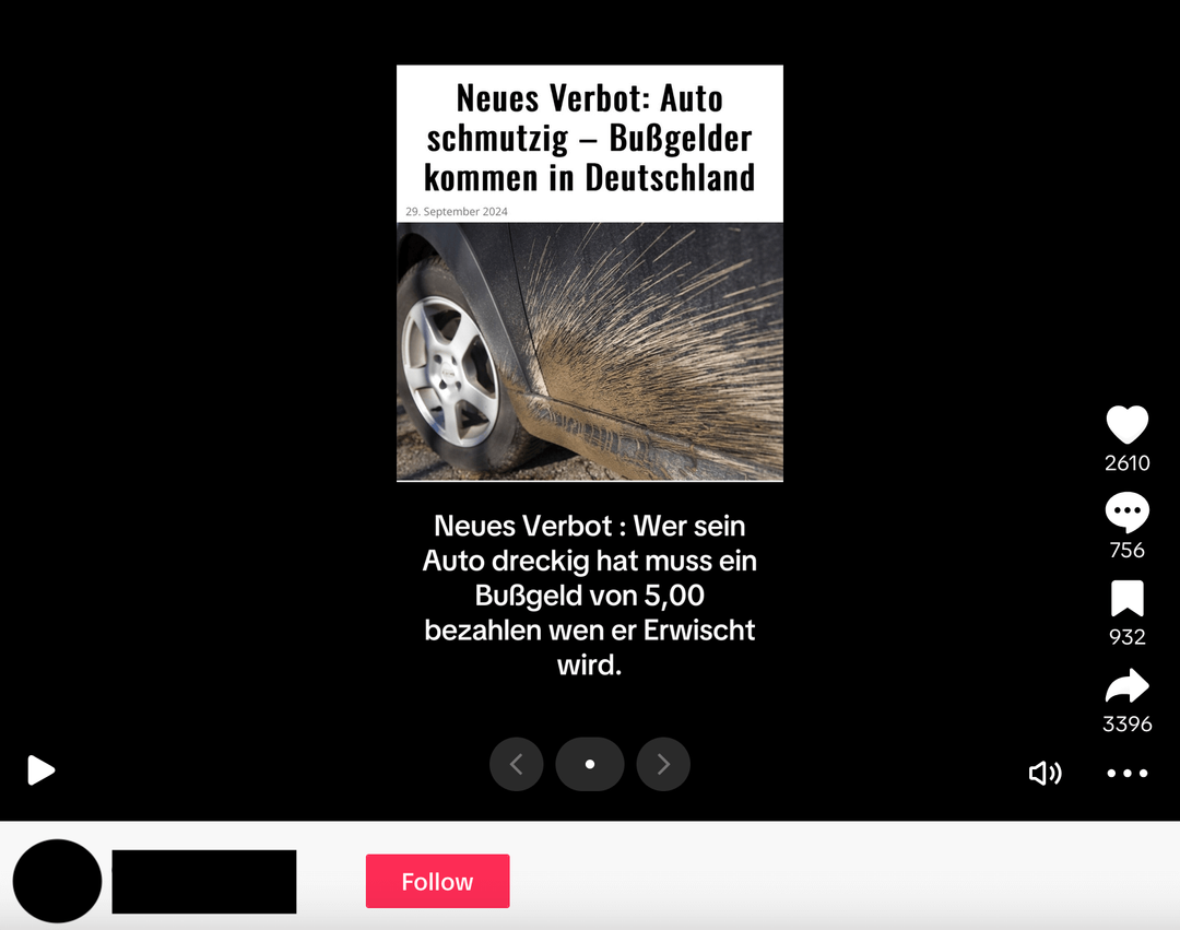 Auf Tiktok kursiert die irreführende Behauptung, wer ein verschmutztes Auto habe, riskiere eine Strafe
