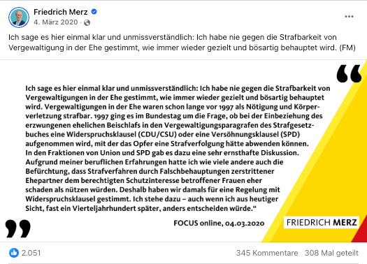 Friedrich Merz erklärte 2020 auf Facebook, weshalb er 1997 gegen den Gesetzentwurf stimmte (Quelle: Facebook; Screenshot: CORRECTIV.Faktencheck)