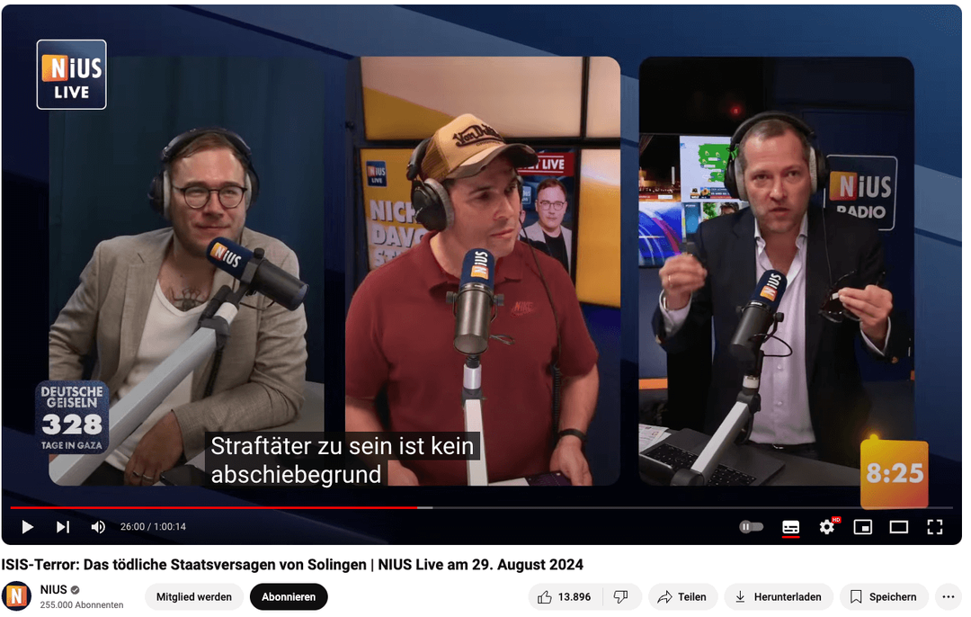 In dieser Sendung von Ende August 2024 verbreitet Julian Reichelt ohne Belege die Behauptung zu Straftätern und Asyl