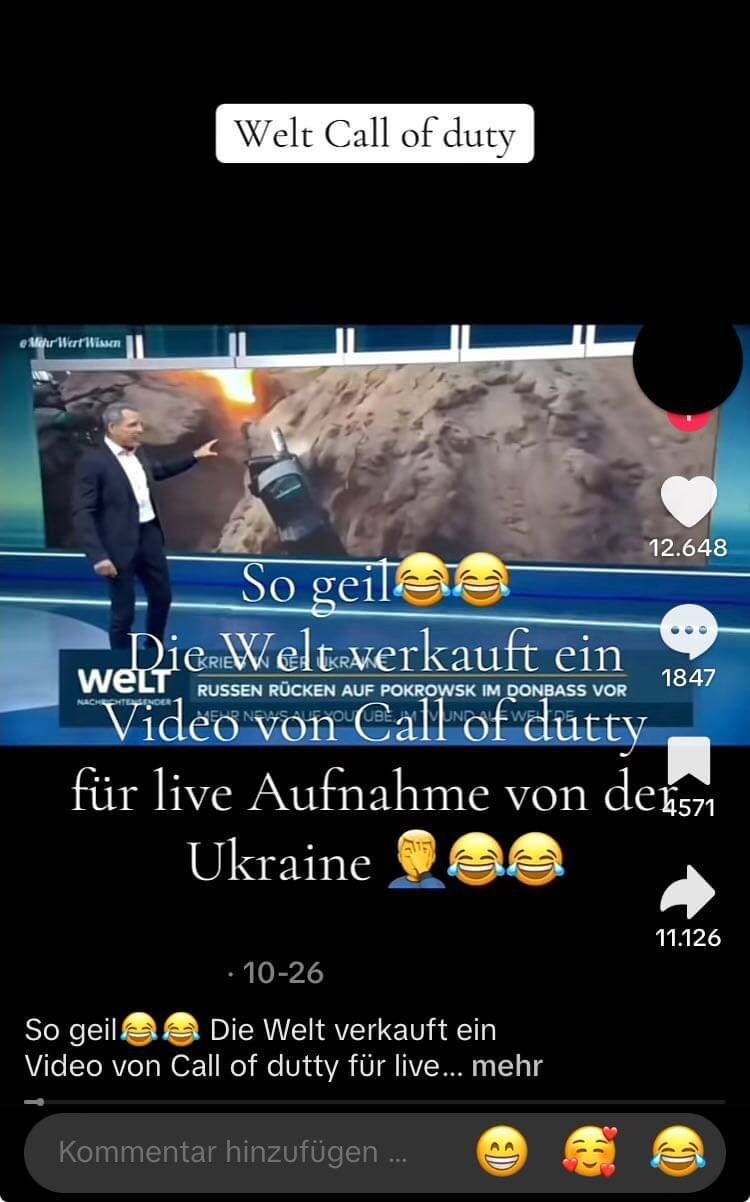Auf Tiktok wurde ein Video mit der Falschbehauptung über die angebliche Call of Duty-Szene mehr als 500.000 Mal angesehen.