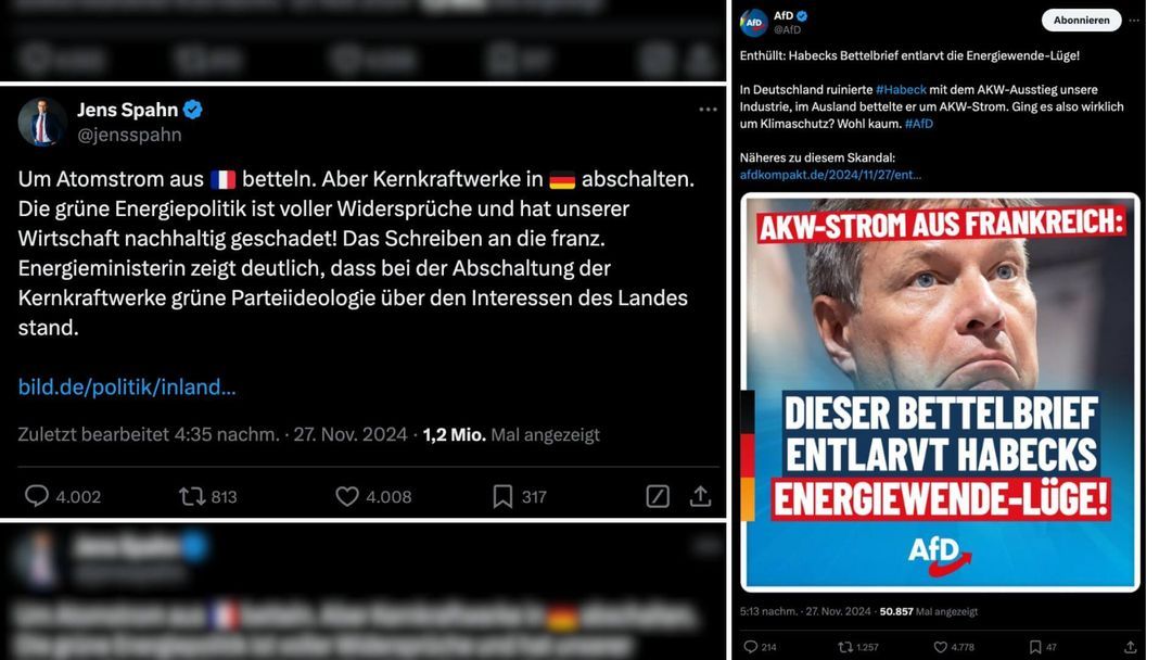 Neben Jens Spahn (CDU), ehemaliger Bundesgesundheitsminister, verbreitete auf X auch die AfD die Falschbehauptung, Robert Habeck (Grüne) habe in einem Brief von August 2022 bei Frankreich um Atomstrom „gebettelt“.