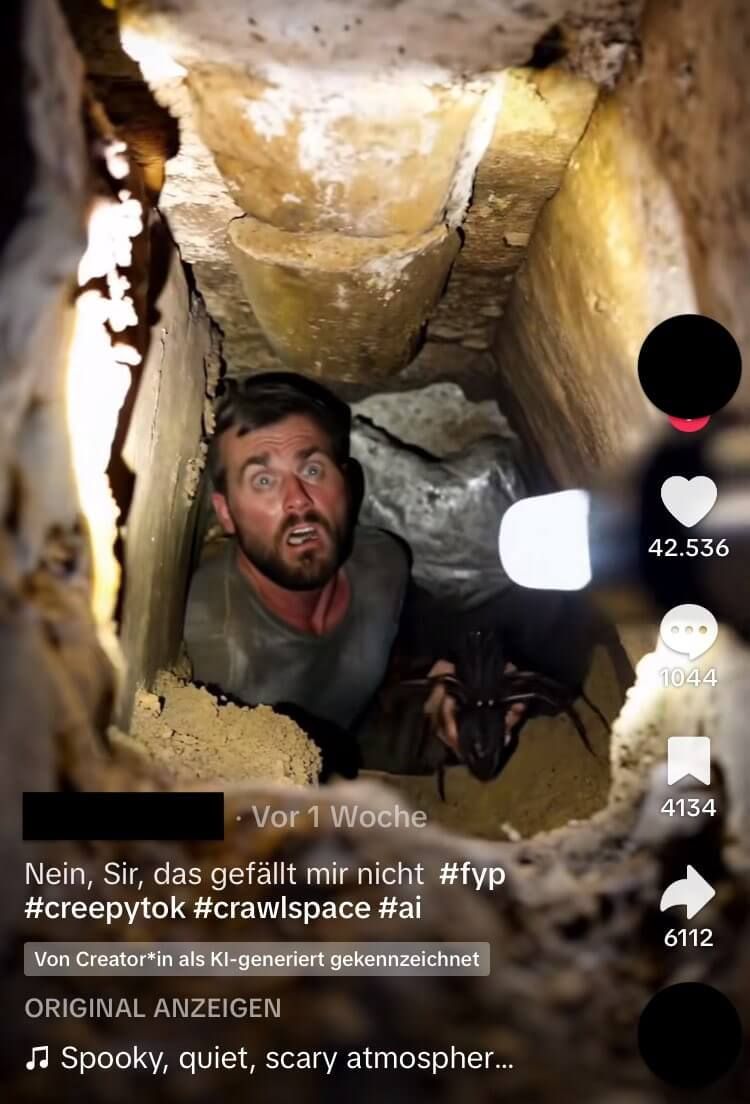 Ein Standbild aus diesem KI-generierten Video auf Tiktok wird in anderen Sozialen Netzwerken in falschem Kontext verbreitet – es hat mit Syrien nichts zu tun (Quelle: Tiktok; Screenshot und Schwärzung: CORRECTIV.Faktencheck)