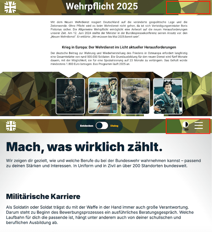 Vergleich echte Bundeswehr-Karriereseite und Fake-Webseite