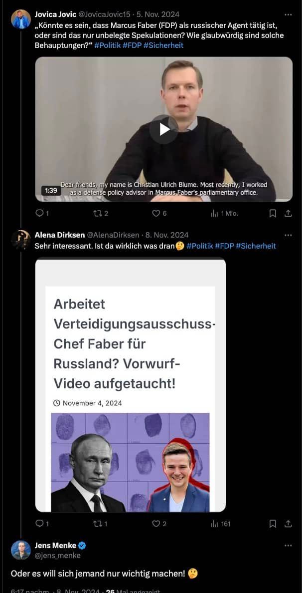 Die Accounts „Alena Dirksen“, „Jovica Jovic“ und „Jens Menke“ kommentieren sich hier gegenseitig.