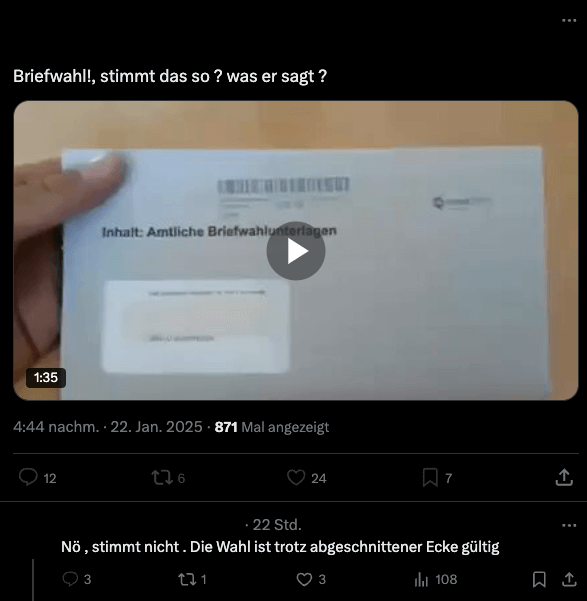 Auf X widersprechen Nutzerinnen und Nutzer der Falschbehauptung, dass Stimmzettel mit einer abgeschnittenen Ecke ungültig seien