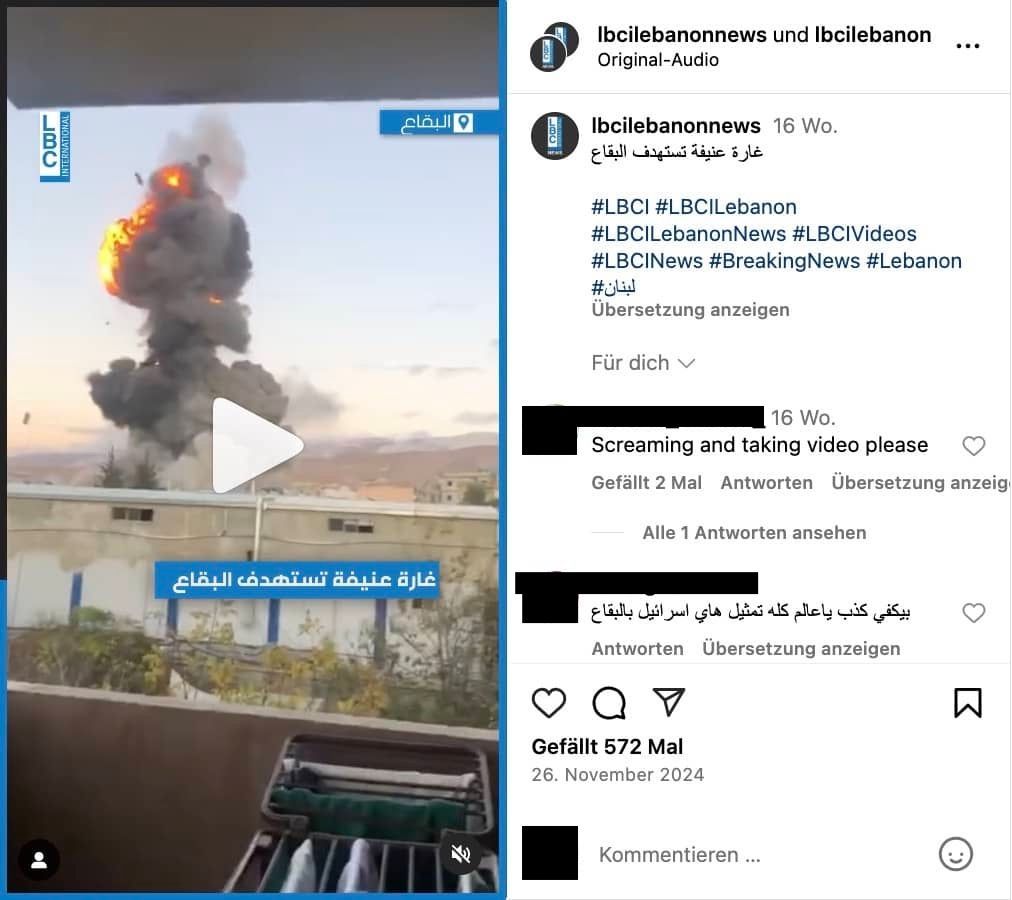 Medienbericht über Angriff im Libanon zeigt eine große Rauchwolke in einem Tal - aufgenommen wurde das Video von einem Balkon