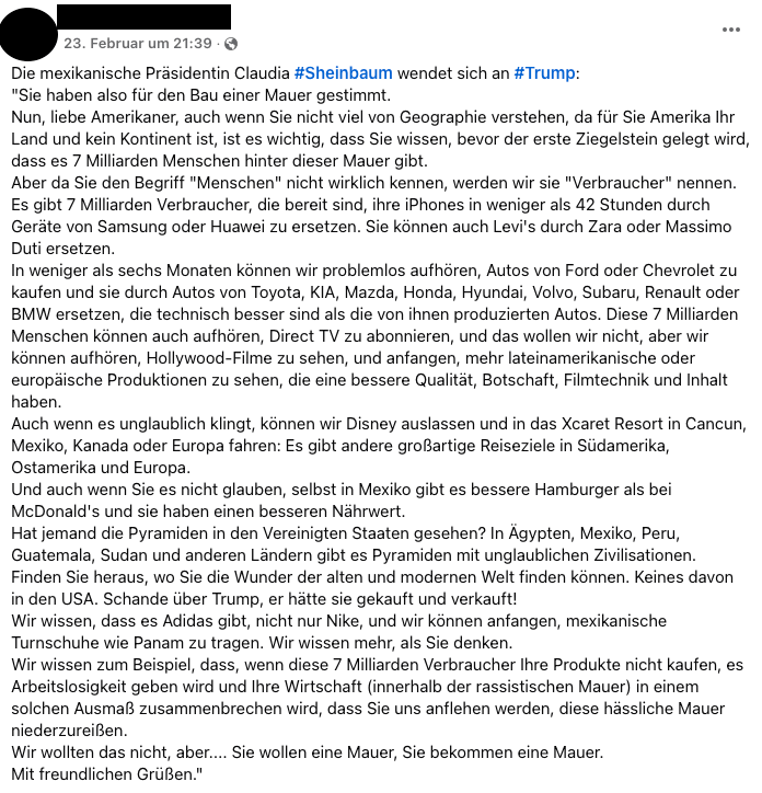 Screenshot des angeblichen Briefes auf Facebook