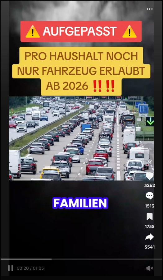 Screenshot von einem Tiktok-Beitrag zum angeblichen Autoverbot.