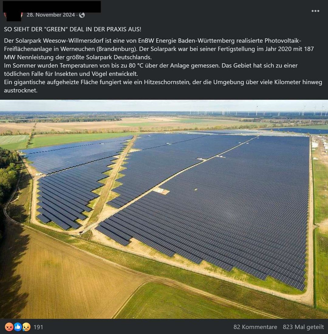 Auf Facebook sind Beiträge mit der Behauptung über aufgeheizte Solarparks hundertfach geteilt worden (Quelle: Facebook; Screenshot und Schwärzung: CORRECTIV.Faktencheck)