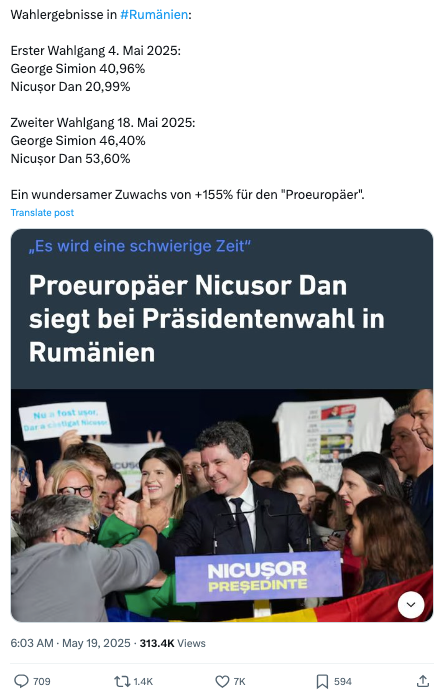 Nutzerinnen und Nutzer Sozialer Netzwerke bezeichnen den Wahlsieg von Nicușor Dan als „wundersam“. Doch der hohe Stimmenzuwachs hängt unter anderem mit der gestiegenen Wahlbeteiligung bei der Stichwahl zusammen. (Quelle: X / Screenshot: CORRECTIV.Faktencheck)