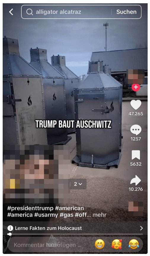 Es gibt keine Belege für die virale Behauptung dieses Tiktok-Videos zu angeblichen Verbrennungsöfen in dem US-Abschiebegefängnis „Alligator Alcatraz“ (Quelle: Tiktok; Screenshot und Unkenntlichmachung: CORRECTIV.Faktencheck)