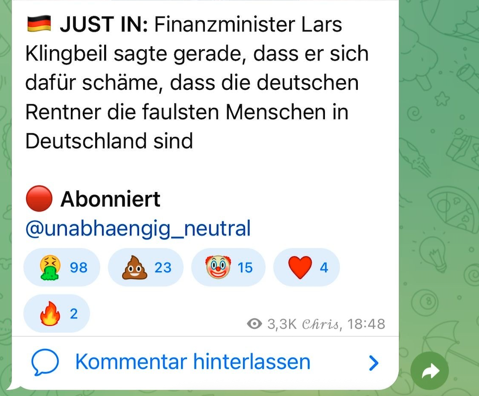 Screenshot des Telegram-Posts im Kanal UNN - Unabhängig Neutrale Nachrichten