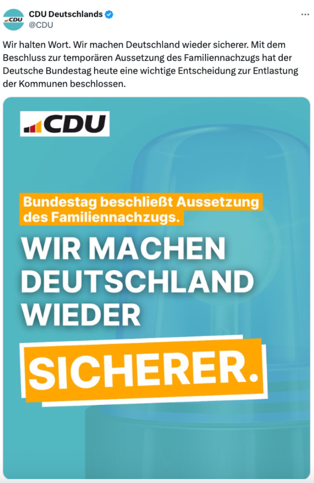 Auf X behauptet die CDU, die Aussetzung des Familiennachzuges mache Deutschland sicherer. Doch die Behauptung ist laut Expertinnen nicht haltbar.
