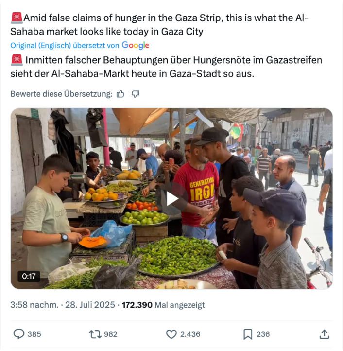 Mit Beiträgen wie diesem leugnen Nutzerinnen und Nutzer online die Hungerkrise in Gaza (Quelle: X / Majdi Fathi; Screenshot und Schwärzung: CORRECTIV.Faktencheck)