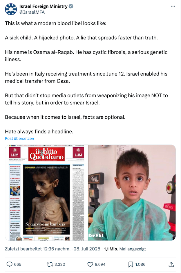 Screenshot des X-Beitrags des israelischen Außenministeriums