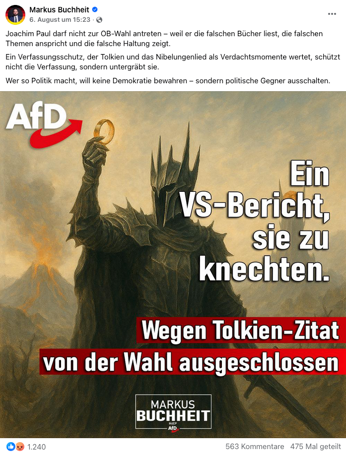 Ein Screenshot eines Facebook-Beitrags mit einem KI-generierten Bild von Sauron aus dem „Herr der Ringe“