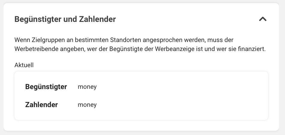 Screenshot aus der Meta-Werbebibliothek, laut dem eine Werbung von „money“ bezahlt wurde.