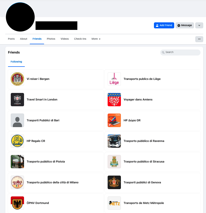 Screenshot eines Facebook-Accounts, der vielen Fake-Seiten folgt