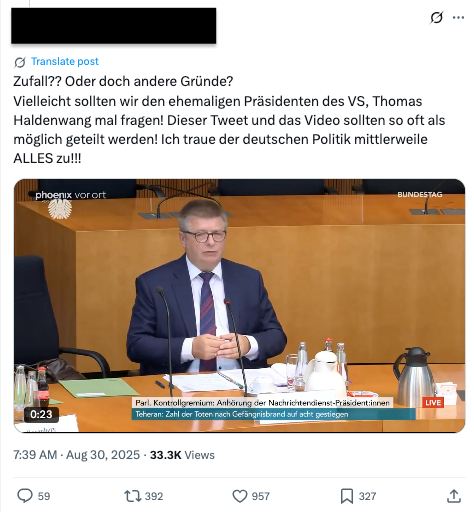 Eine Aussage, die Thomas Haldenwang 2022 als Verfassungsschutzchef tätigte, wird auf X fälschlich in Zusammenhang mit den Todesfällen mehrerer AfD-Kandidaten im Vorfeld der Kommunalwahlen 2025 in Nordrhein-Westfalen gesetzt. (Quelle: X; Screenshot und Schwärzung: CORRECTIV.Faktencheck)