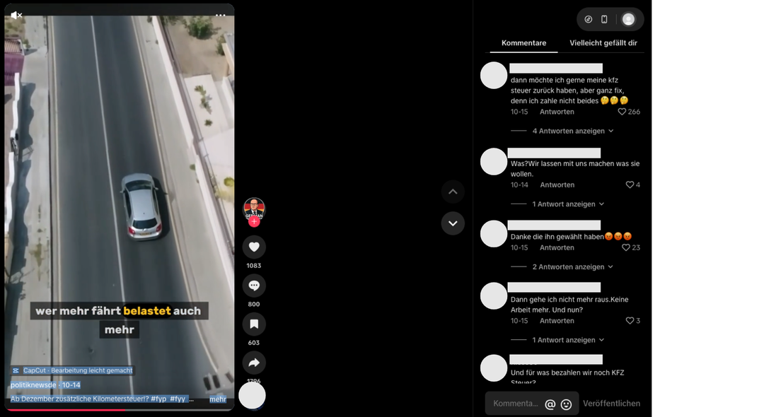 Screenshit eines Tiktok-Videos und der Kommentarspalte daneben