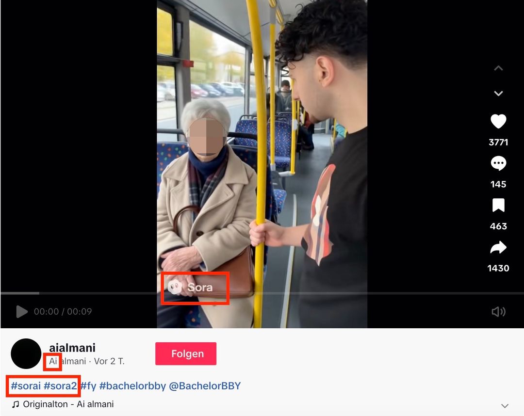 KI-generiertes Video mit Sora-Wasserzeichen und Hinweisen, dass es KI-generiert ist, auf Tiktok
