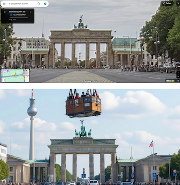 Der Vergleich zwischen einer Aufnahme von Google Maps (oben) und dem manipulierten Bild (unten) zeigt einige Unstimmigkeiten.