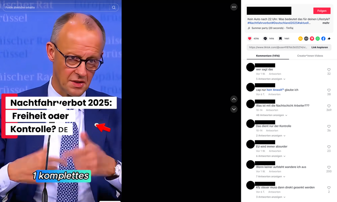 Auf Tiktok verbreiten zahlreiche Videos die falsche Behauptung, in Deutschland sei ein nächtliches Fahrverbot für Privatpersonen geplant