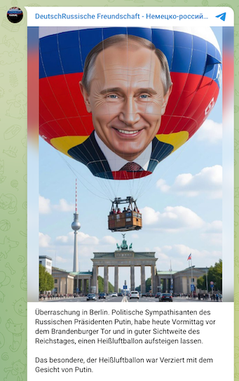 Das Bild und die Behauptung wurden auch von dem Telegram-Kanal „Deutsch-Russische Freundschaft“ geteilt, der immer wieder Desinformation verbreitet