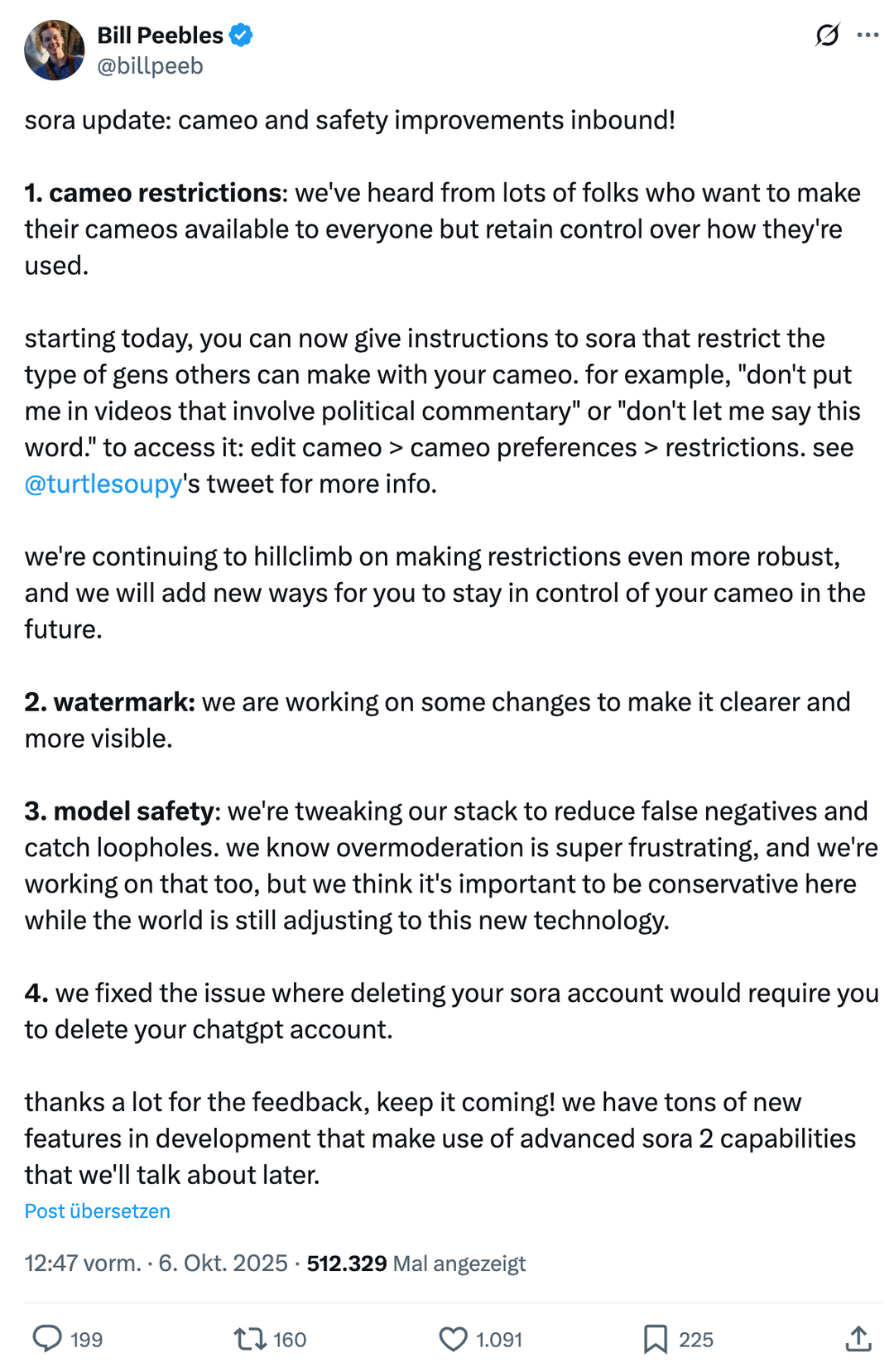 Bill Peebles ist der Leiter von Sora. Er gab am 6. Oktober auf X bekannt, dass das Unternehmen die Nutzung von Cameos einschränken und Wasserzeichen sichtbarer machen werde.