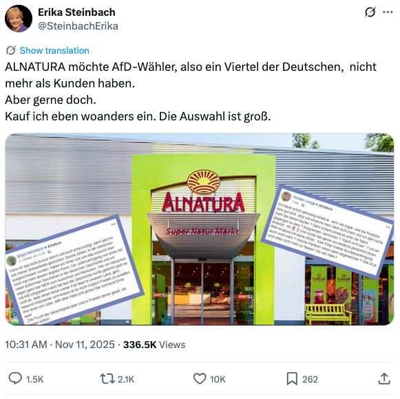 Screenshot eines X-Beitrags der AfD-Politikerin Erika Steinbach