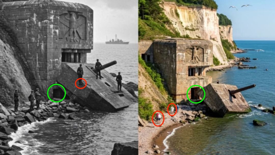 Einer der Soldaten schwebt, zwei Menschen teilen sich offenbar ein Bein, ein andere Person hat scheinbar zwei Köpfe (rote Markierungen). Eine Öffnung auf der schwarz-weiß Aufnahme ist im farbigen Bild mehrere Meter weiter rechts