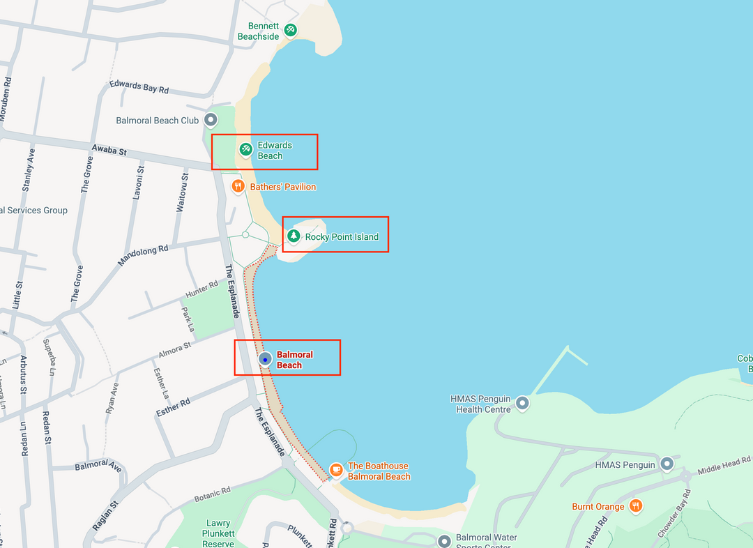 Der Balmoral Beach in Sydney wird durch die Rocky Point Island vom Edwards Beach getrennt