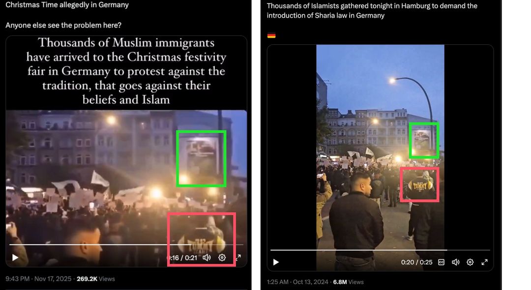 Screenshots von zwei Beiträgen auf X werden verglichen, um zu zeigen, dass es sich bei beiden um das selbe Video handelt.