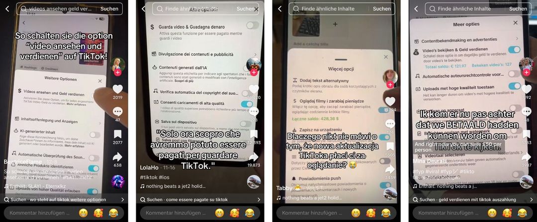Solche Videos mit der Falschbehauptung, dass man auf Tiktok Geld durch das Anschauen von Videos verdienen könne, kursieren dutzendfach auf Tiktok (Quelle: Tiktok; Screenshot und Collage: CORRECTIV.Faktencheck)