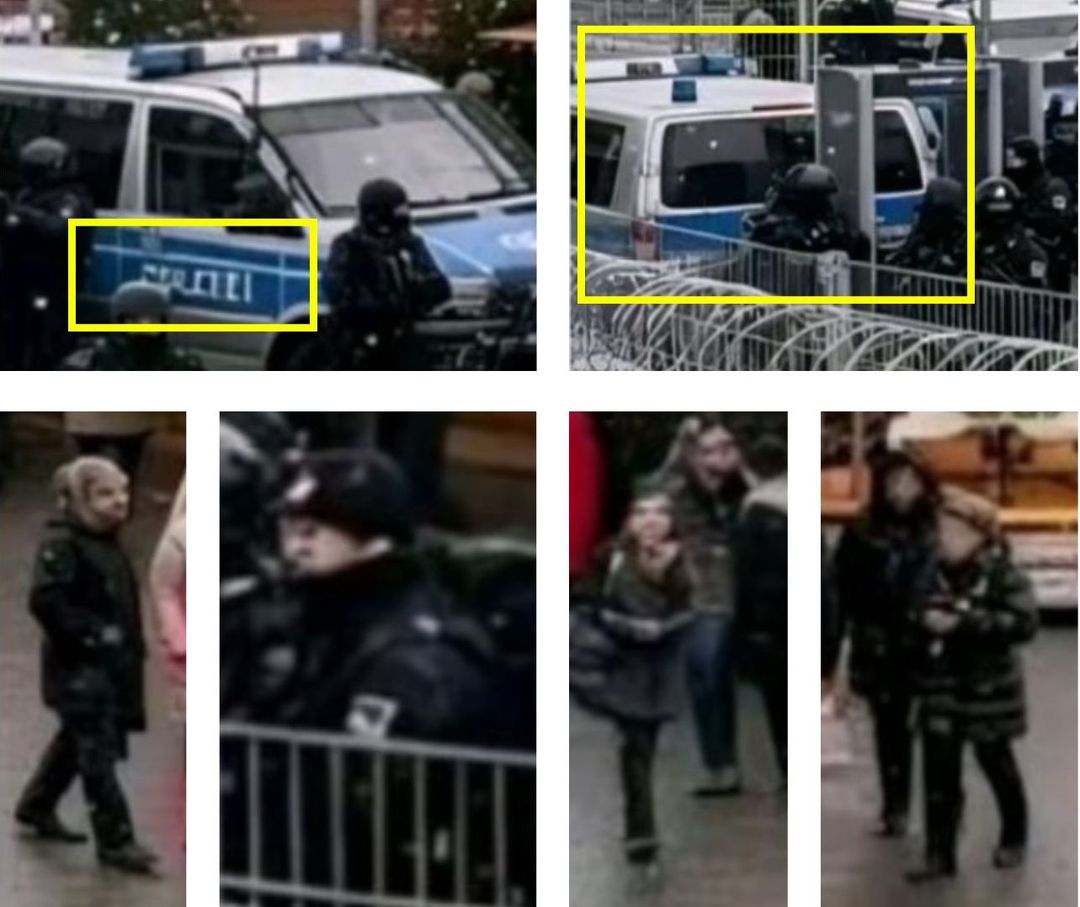 Die Unstimmigkeiten an den Polizeiwagen (gelbe Markierungen) sowie die unnatürlichen Gesichter der Personen zeigen, dass die Bilder mit Hilfe von Künstlicher Intelligenz erstellt wurden (Quelle: Tiktok; Screenshot, Markierungen und Collage: CORRECTIV.Faktencheck)