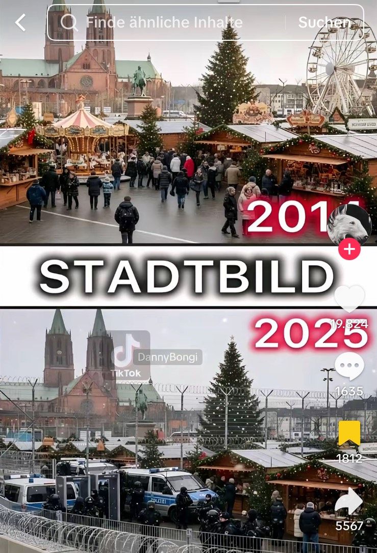 Anders als dieses Sharepic den Eindruck erweckt, ist das abgebildete „Stadtbild“ mit dem Weihnachtsmarkt 2014 und 2025 nicht echt, sondern mit Hilfe von Künstlicher Intelligenz erstellt. (Quelle: Tiktok; Screenshot: CORRECTIV.Faktencheck)