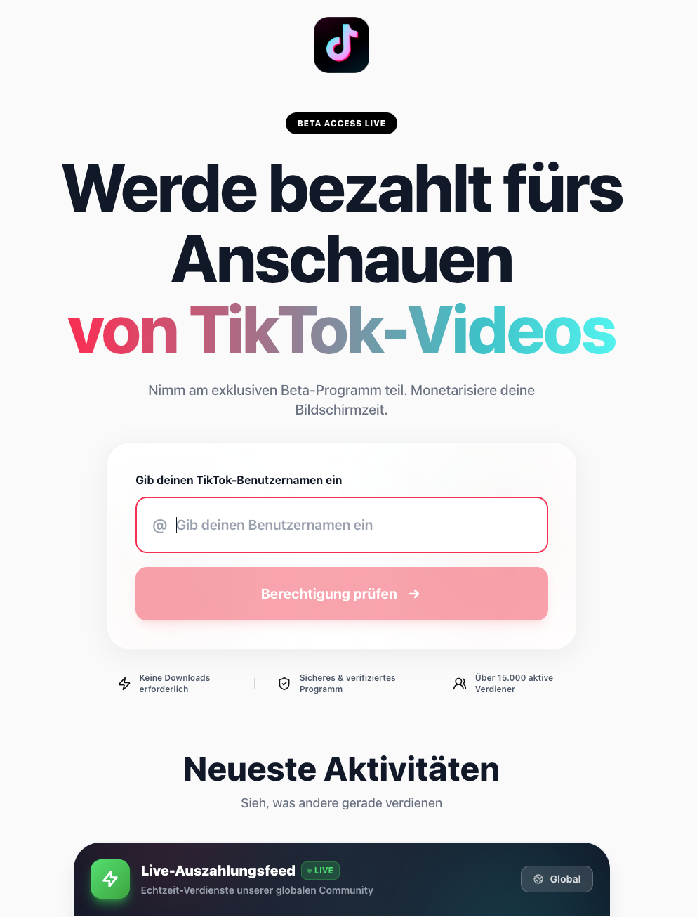 So sah eine der unseriösen Webseiten ohne Impressum aus (Stand: 19. Dezember 2025), mittlerweile ist sie nicht mehr abrufbar (Quelle: tikblick.com; Screenshot: CORRECTIV.Faktencheck)