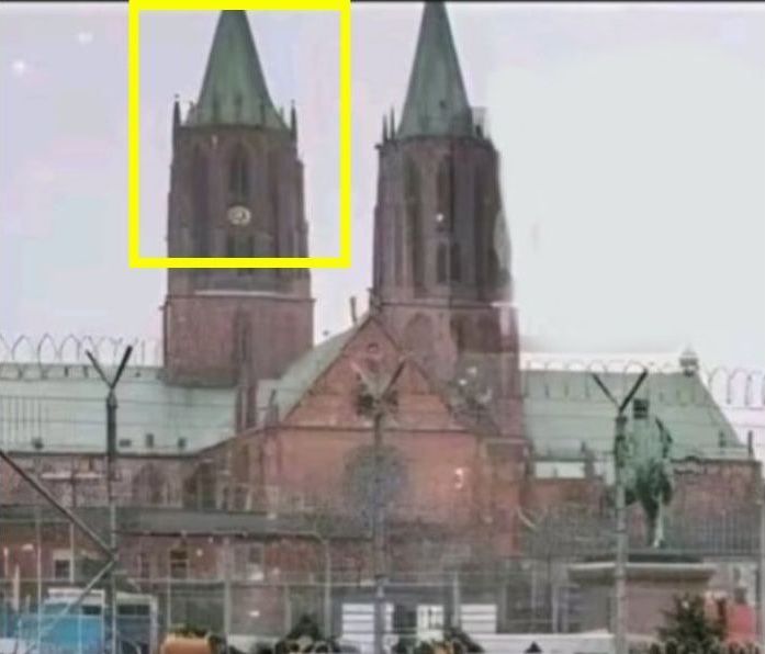 Der linke Turm steht mitten im Querschiff der Kirche. Das ist ein logischer Fehler, der bei einer Bilderstellung mit Künstlicher Intelligenz passieren kann. (Quelle: Tiktok; Screenshot, Markierung und Collage: CORRECTIV.Faktencheck)