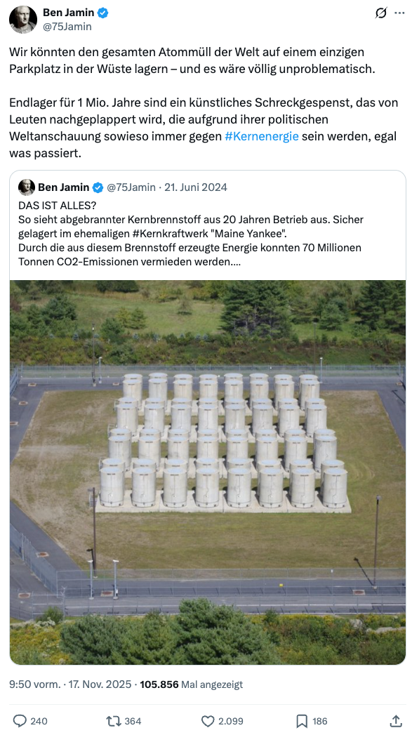 Auf X zeigt ein Nutzer Atommüll in einem Zwischenlager des ehemaligen US-Kernkraftwerks Maine Yankee. Auch dieser müsste in ein Endlager transportiert werden. 