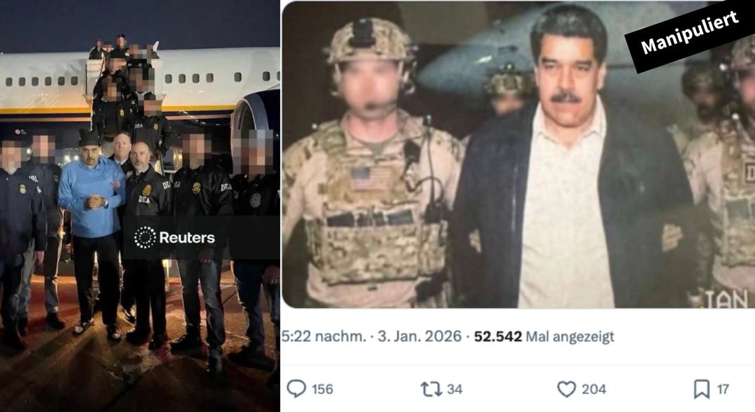 Links ein Bild des venezolanischen Machthabers Nicolás Maduro von der Nachrichtenagentur Reuters. Rechts das KI-Bild, das der AfD-Politiker Rüdiger Lucassen teilte